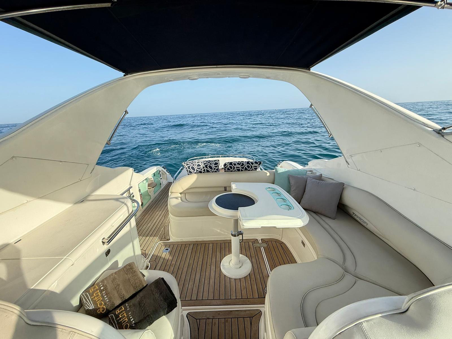 Cockpit and lounge area on board Fairline Targa 48 GT yacht at sea