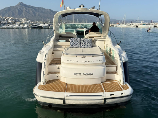 Rear view of Fairline Targa 48 GT yacht showing stern and bathing area