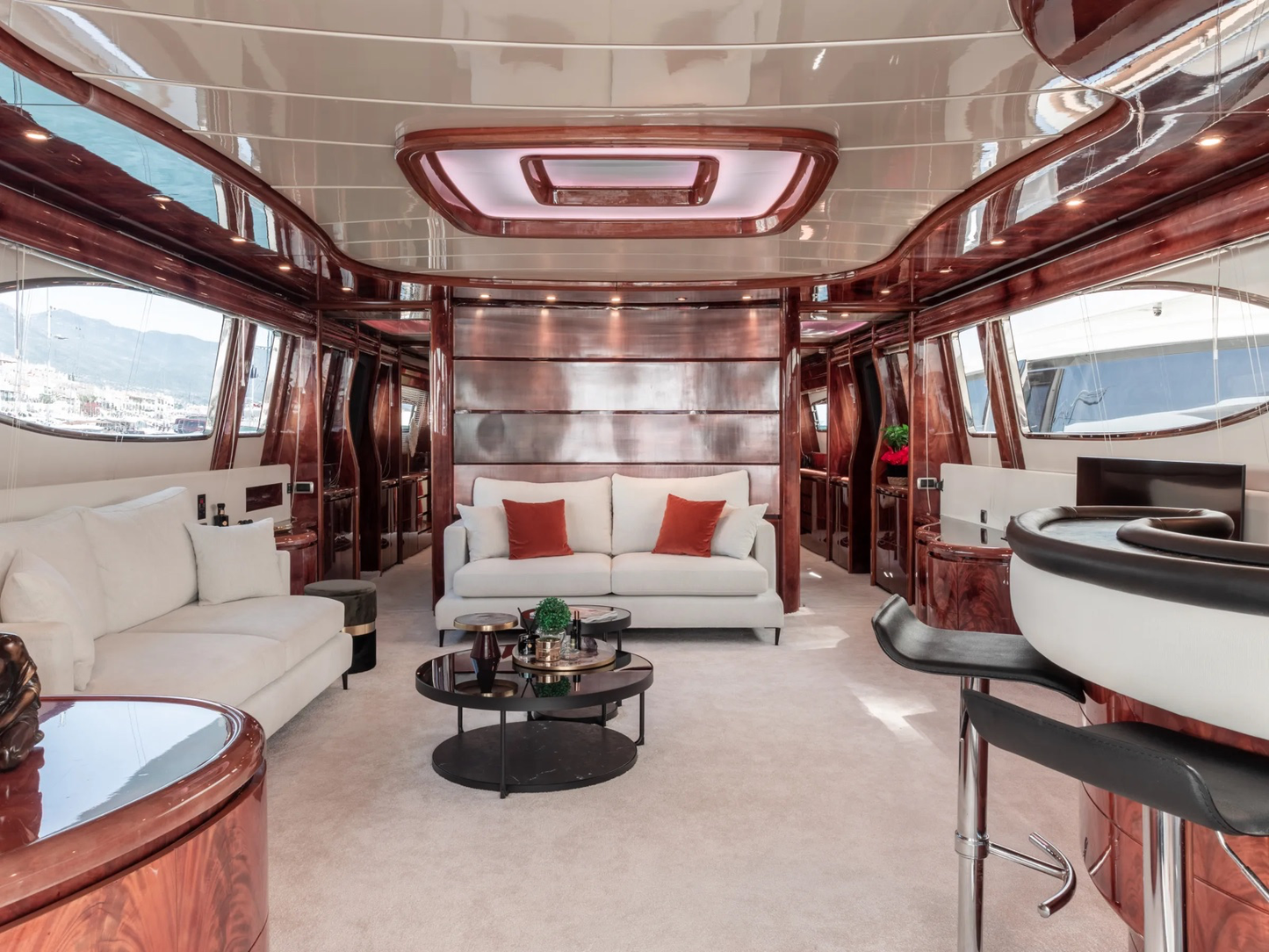 Luxury yacht interior with a spacious living area and modern decor.
