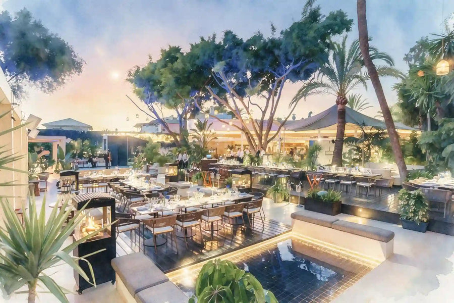 Nota Blu New Brasserie Marbella — garden terrace and pool at dusk