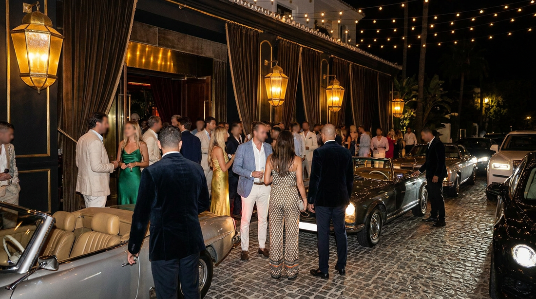 Stylish dressed crowd at a Marbella nightclub at night