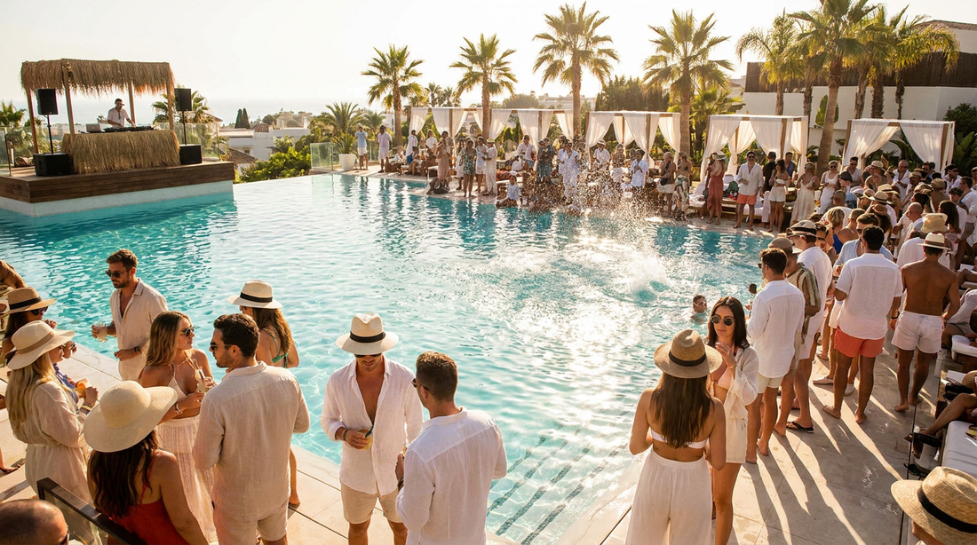 Daytime pool party at a Marbella day club, Costa del Sol