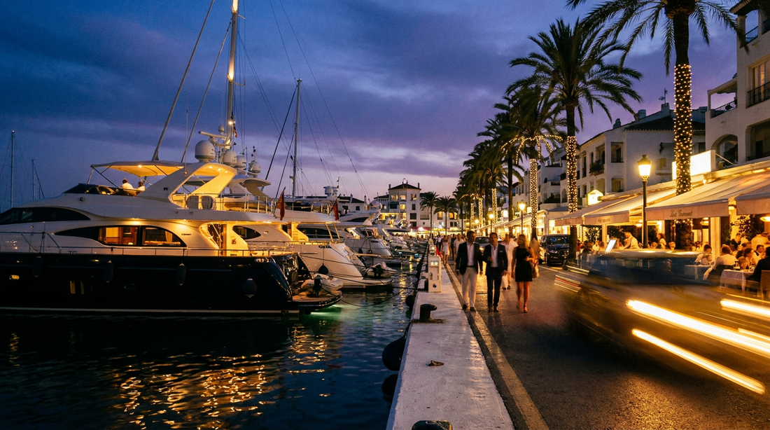 Puerto Banus marina nightlife at night, Marbella, Costa del Sol