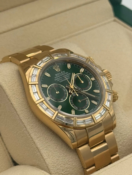 Rolex Daytona 116568BR — Yellow Gold, Green “John Mayer” Dial, Baguette Diamond Bezel