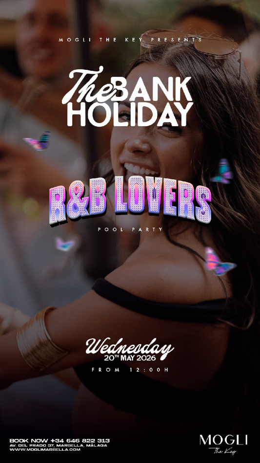 Promotional poster for 'The Bank Holiday R&B Lovers Pool Party' with a woman smiling.