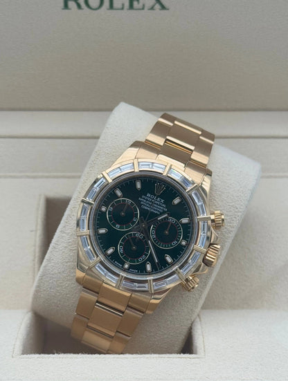 Rolex Daytona 116568BR — Yellow Gold, Green “John Mayer” Dial, Baguette Diamond Bezel