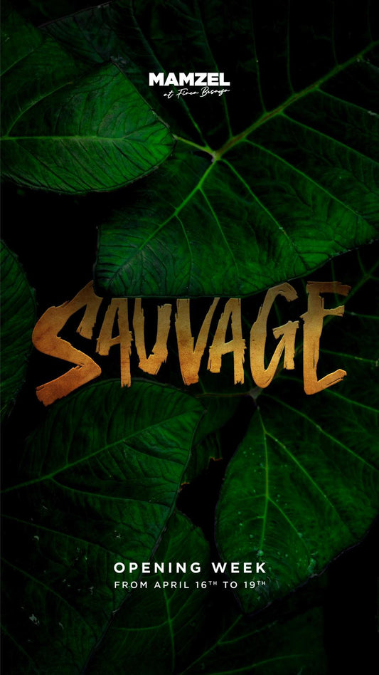 Promotional graphic for 'Sauvage' with green leaves and 'Mamzel' branding.