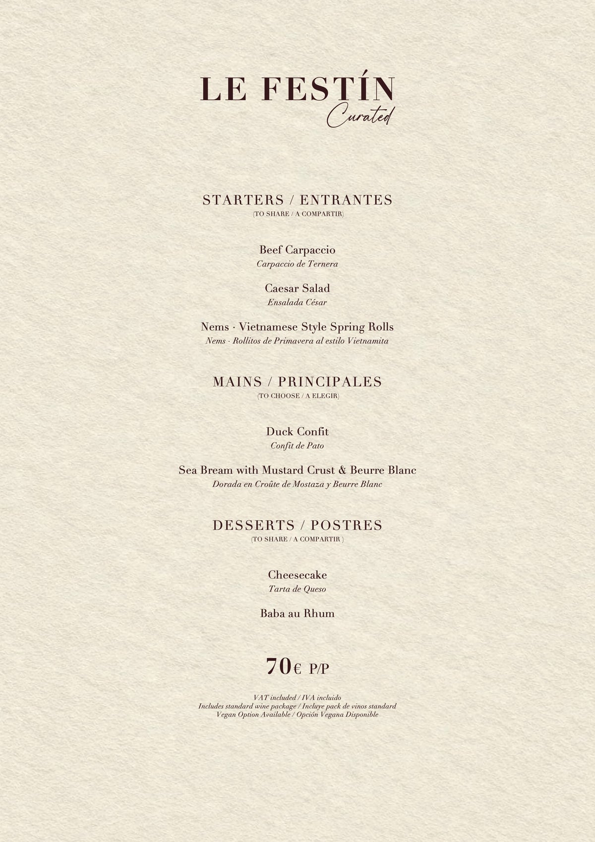 Casanis Bistrot Christmas menus 2026 — Le Festín menu (70€)