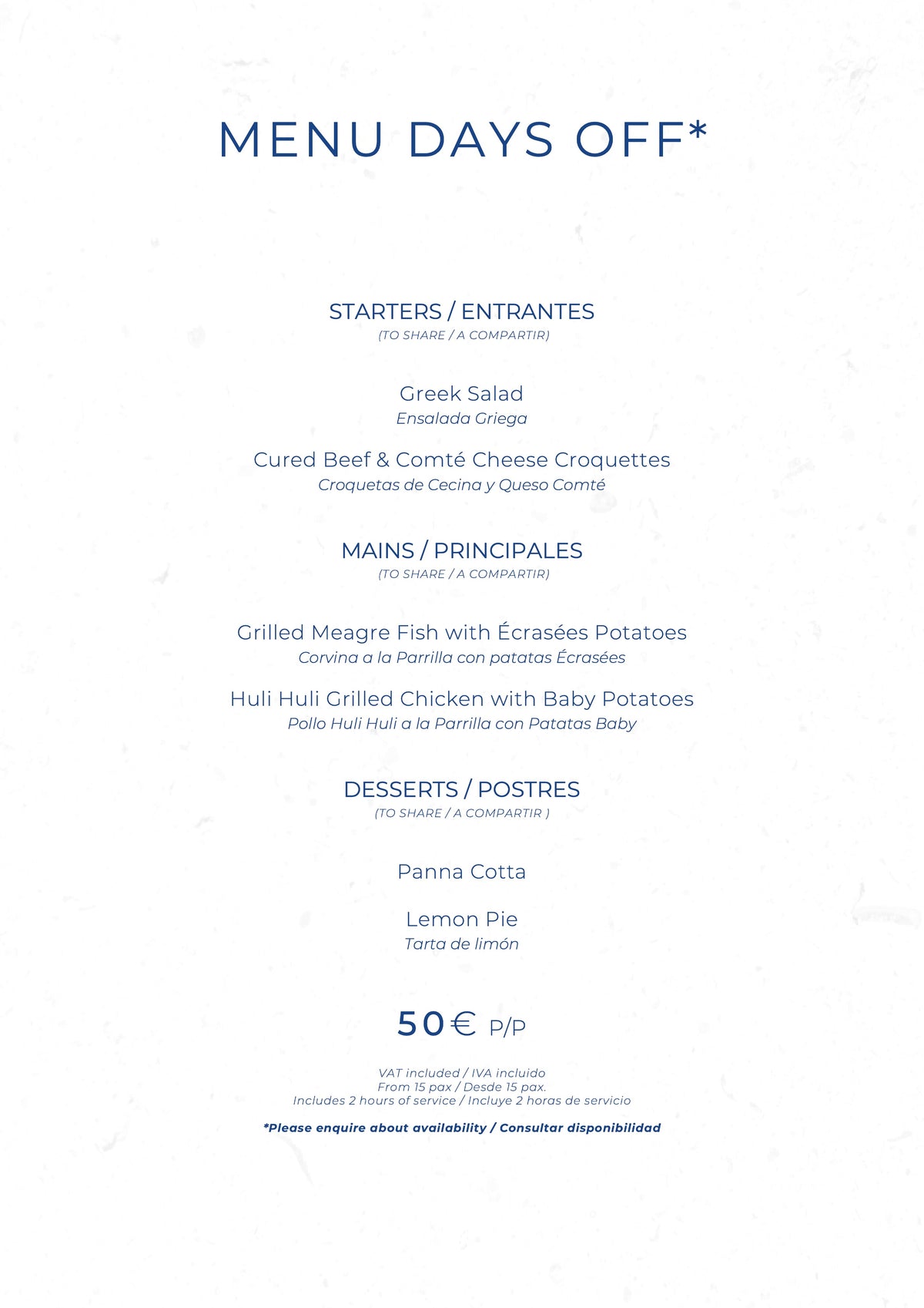 La Plage Casanis Christmas menus 2026 — Menu Days Off (50€)