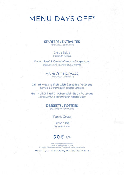La Plage Casanis Christmas menus 2026 — Menu Days Off (50€)