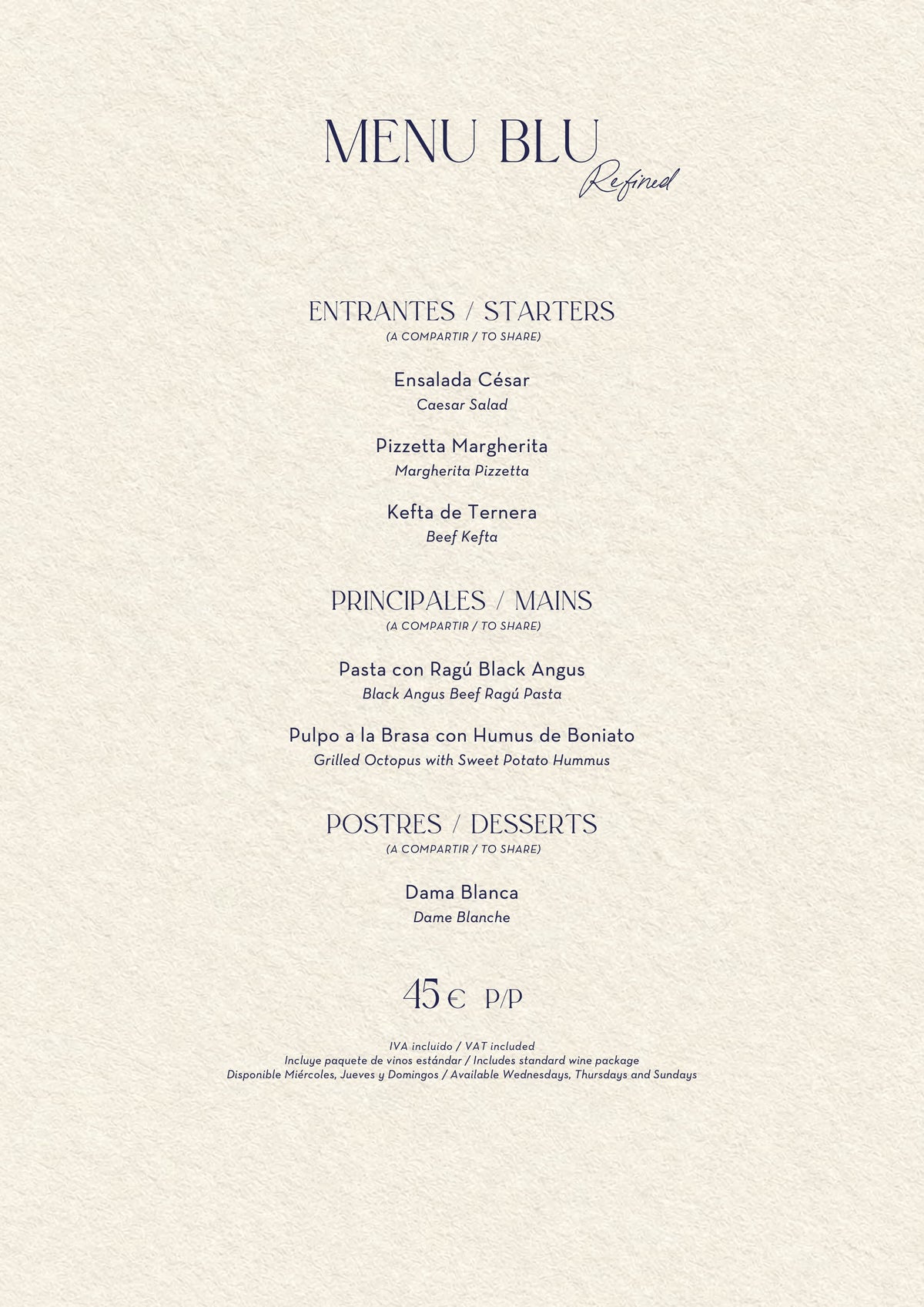 Nota Blu Madrid Christmas menus 2026 — Menu Blu (45€)