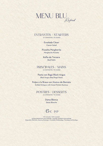 Nota Blu Madrid Christmas menus 2026 — Menu Blu (45€)