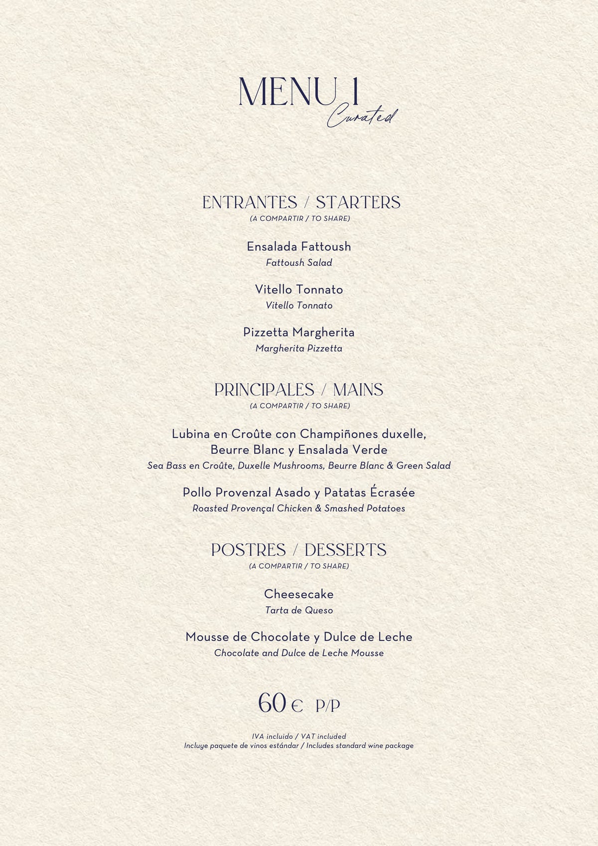 Nota Blu Madrid Christmas menus 2026 — Menu 1 (60€)