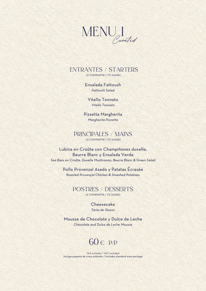 Nota Blu Madrid Christmas menus 2026 — Menu 1 (60€)