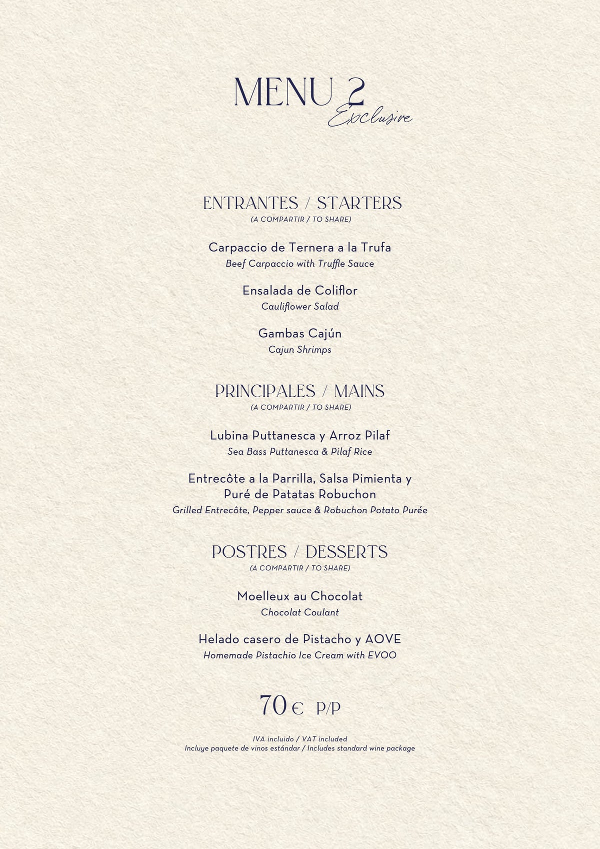 Nota Blu Madrid Christmas menus 2026 — Menu 2 (70€)