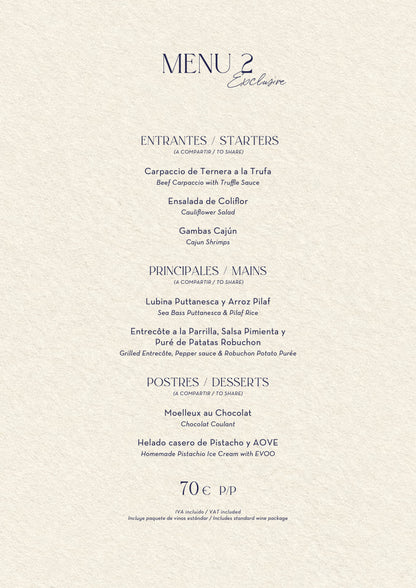 Nota Blu Madrid Christmas menus 2026 — Menu 2 (70€)