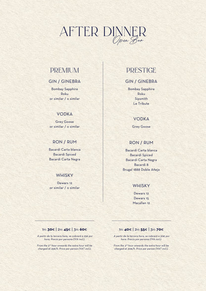 Nota Blu Madrid Christmas menus 2026 — after-dinner open bar