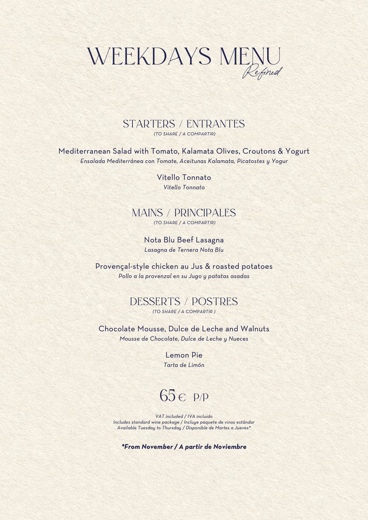 Nota Blu Marbella Christmas menus 2026 — Weekdays Menu (65€)