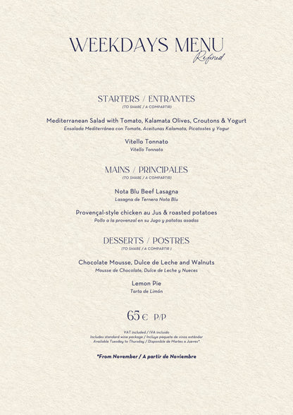 Nota Blu Marbella Christmas menus 2026 — Weekdays Menu (65€)