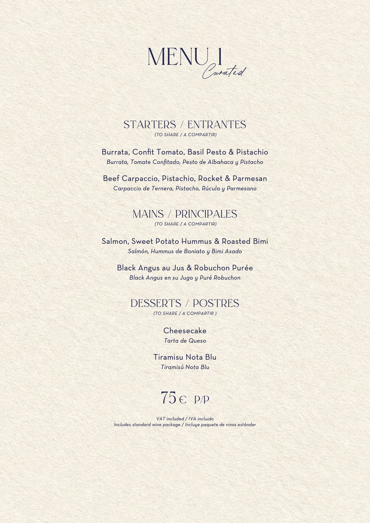 Nota Blu Marbella Christmas menus 2026 — Menu 1 (75€)