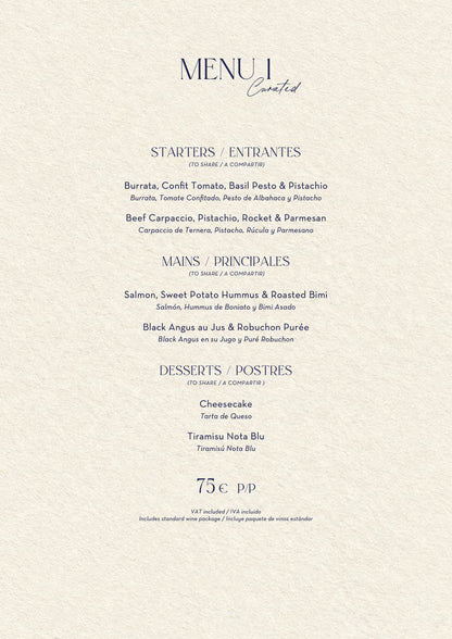 Nota Blu Marbella Christmas menus 2026 — Menu 1 (75€)