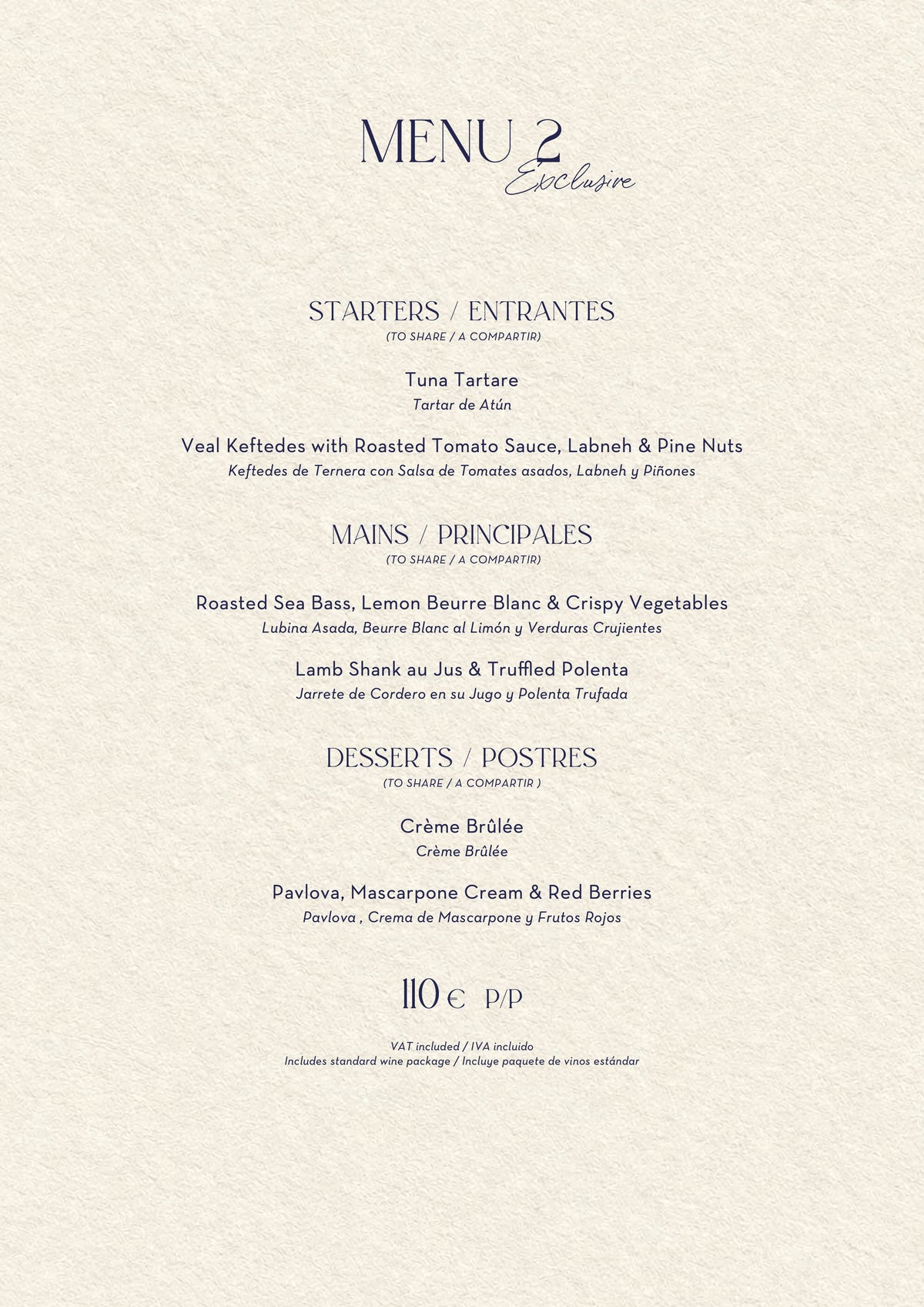 Nota Blu Marbella Christmas menus 2026 — Menu 2 (110€)