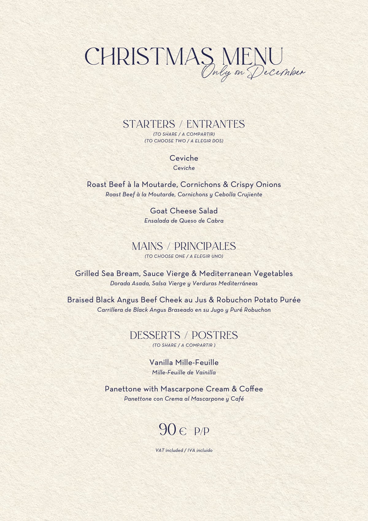 Nota Blu Marbella Christmas menus 2026 — Christmas Menu, December only (90€)