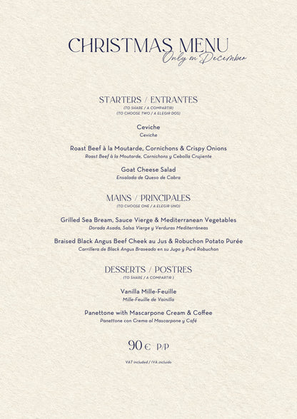 Nota Blu Marbella Christmas menus 2026 — Christmas Menu, December only (90€)