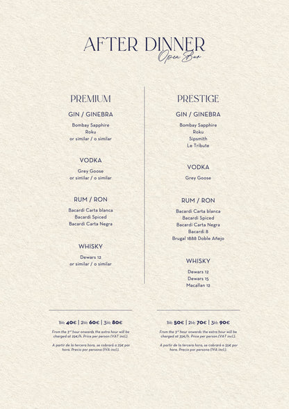 Nota Blu Marbella Christmas menus 2026 — after-dinner open bar