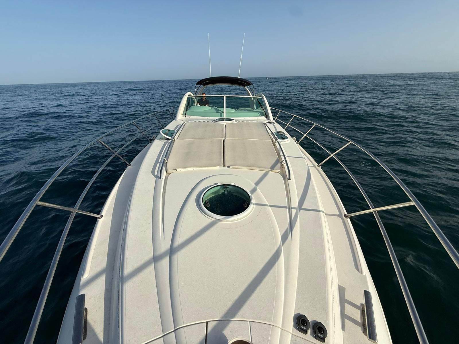Sunpad area on the bow of Fairline Targa 48 GT yacht with panoramic sea view