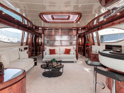 Luxury yacht interior with a spacious living area and modern decor.