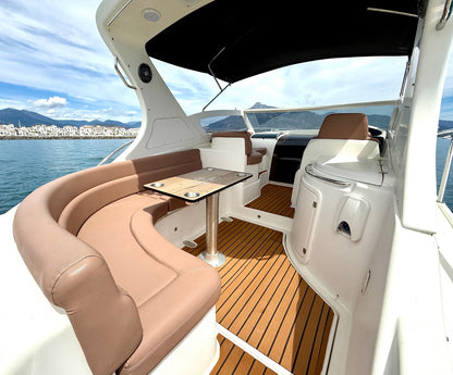 Luxury cockpit seating area of MOA Platinum 32 yacht in Puerto Banús