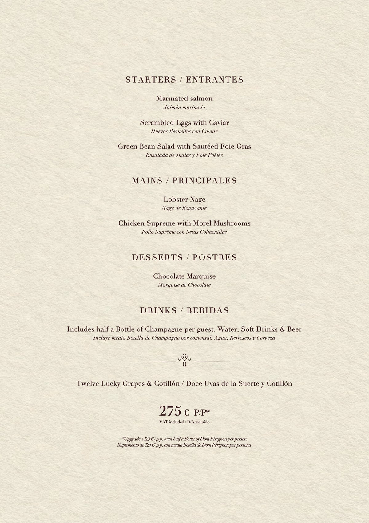 Casanis Bistrot New Year’s Eve menu 2026 — dishes, drinks and prices (275€ per person)