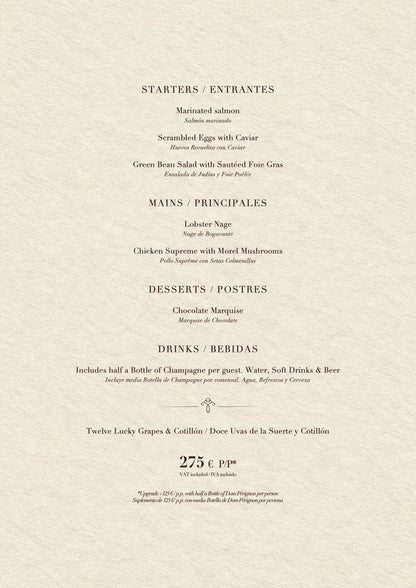 Casanis Bistrot New Year’s Eve menu 2026 — dishes, drinks and prices (275€ per person)