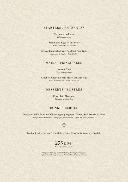 Casanis Bistrot New Year’s Eve menu 2026 — dishes, drinks and prices (275€ per person)