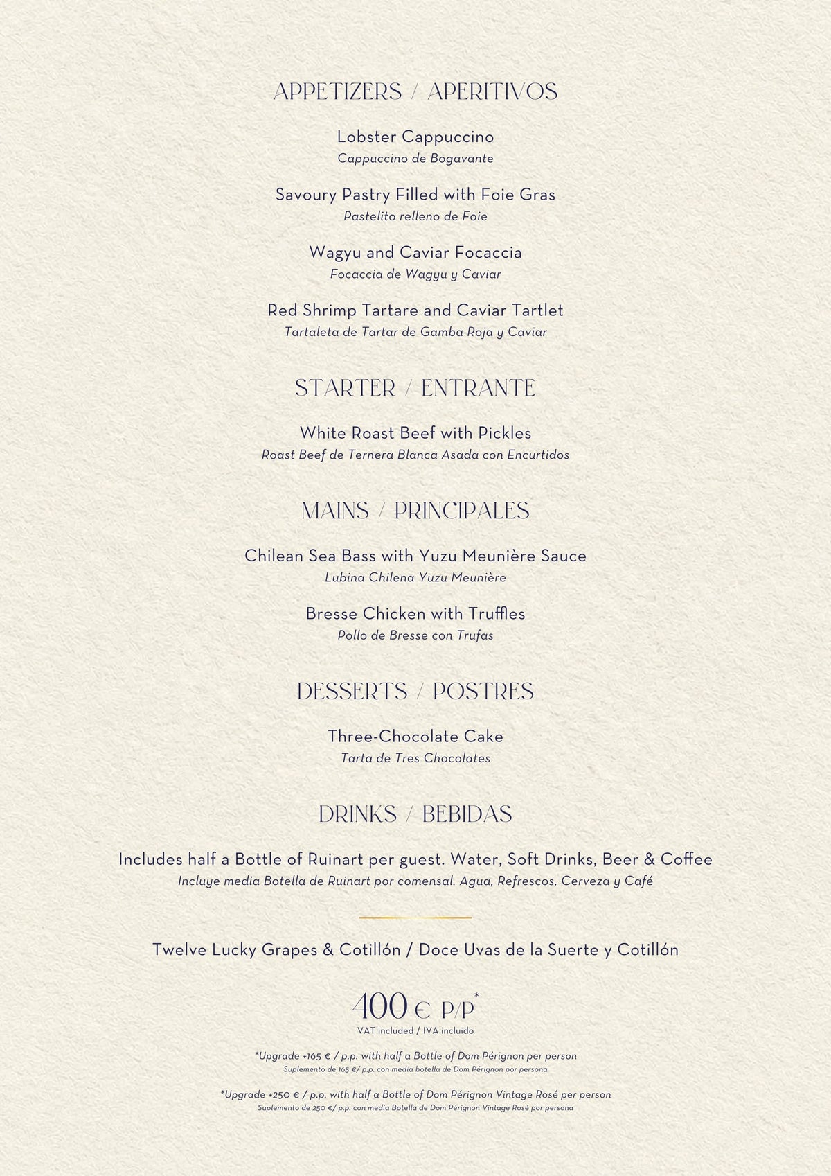 Nota Blu Madrid New Year’s Eve menu 2026 — dishes, drinks and prices (400€ per person)