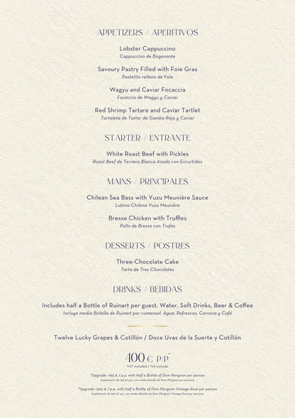 Nota Blu Madrid New Year’s Eve menu 2026 — dishes, drinks and prices (400€ per person)