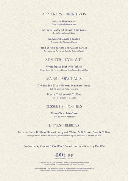 Menu du réveillon 2026 · Nota Blu Madrid — 2