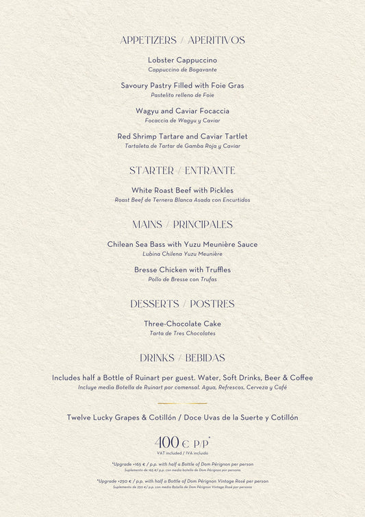 Nota Blu Madrid New Year’s Eve menu 2026 — dishes, drinks and prices (400€ per person)