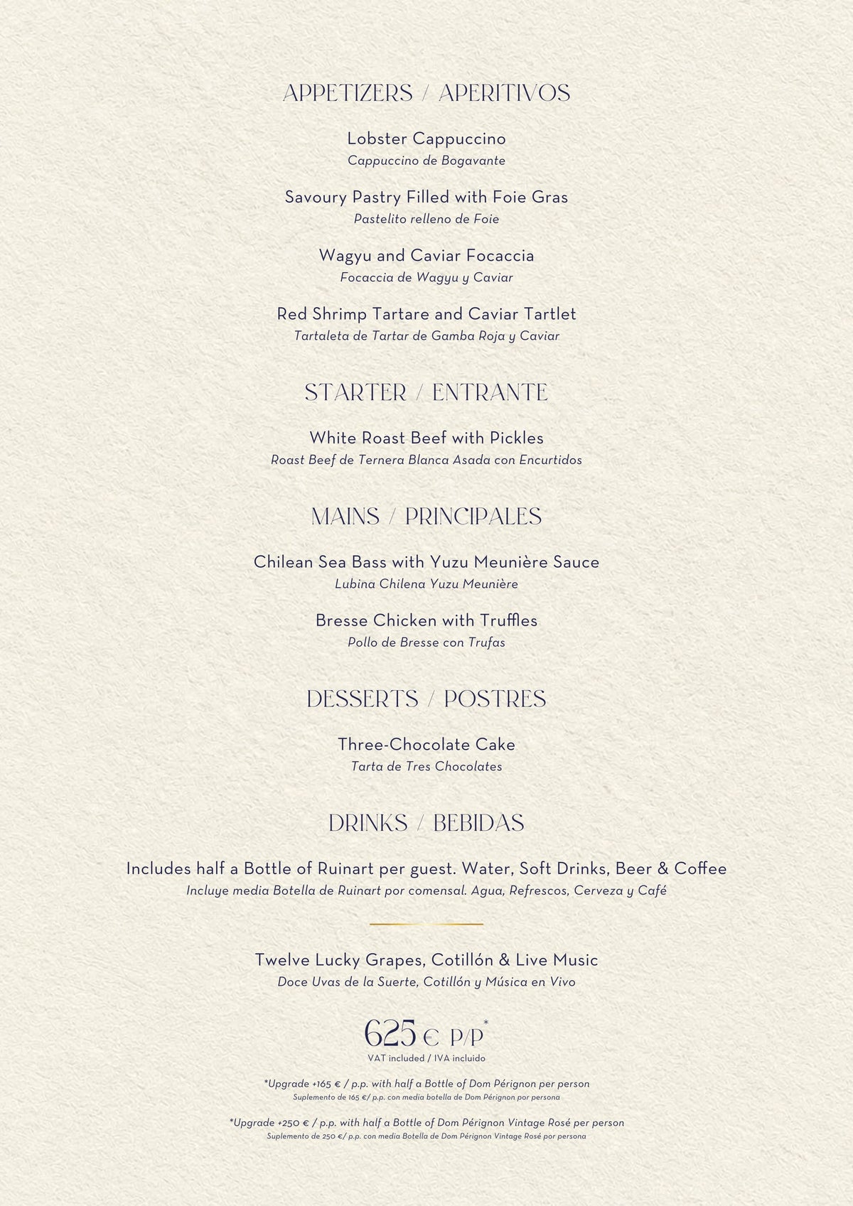 Nota Blu Marbella New Year’s Eve menu 2026 — dishes, drinks and prices (625€ per person)