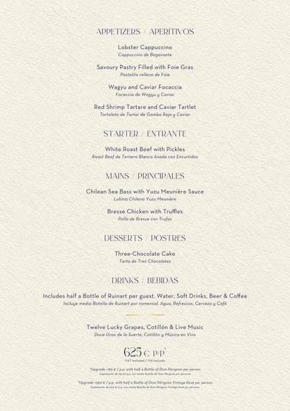 Nota Blu Marbella New Year’s Eve menu 2026 — dishes, drinks and prices (625€ per person)