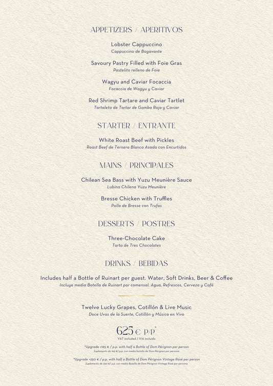 Nota Blu Marbella New Year’s Eve menu 2026 — dishes, drinks and prices (625€ per person)