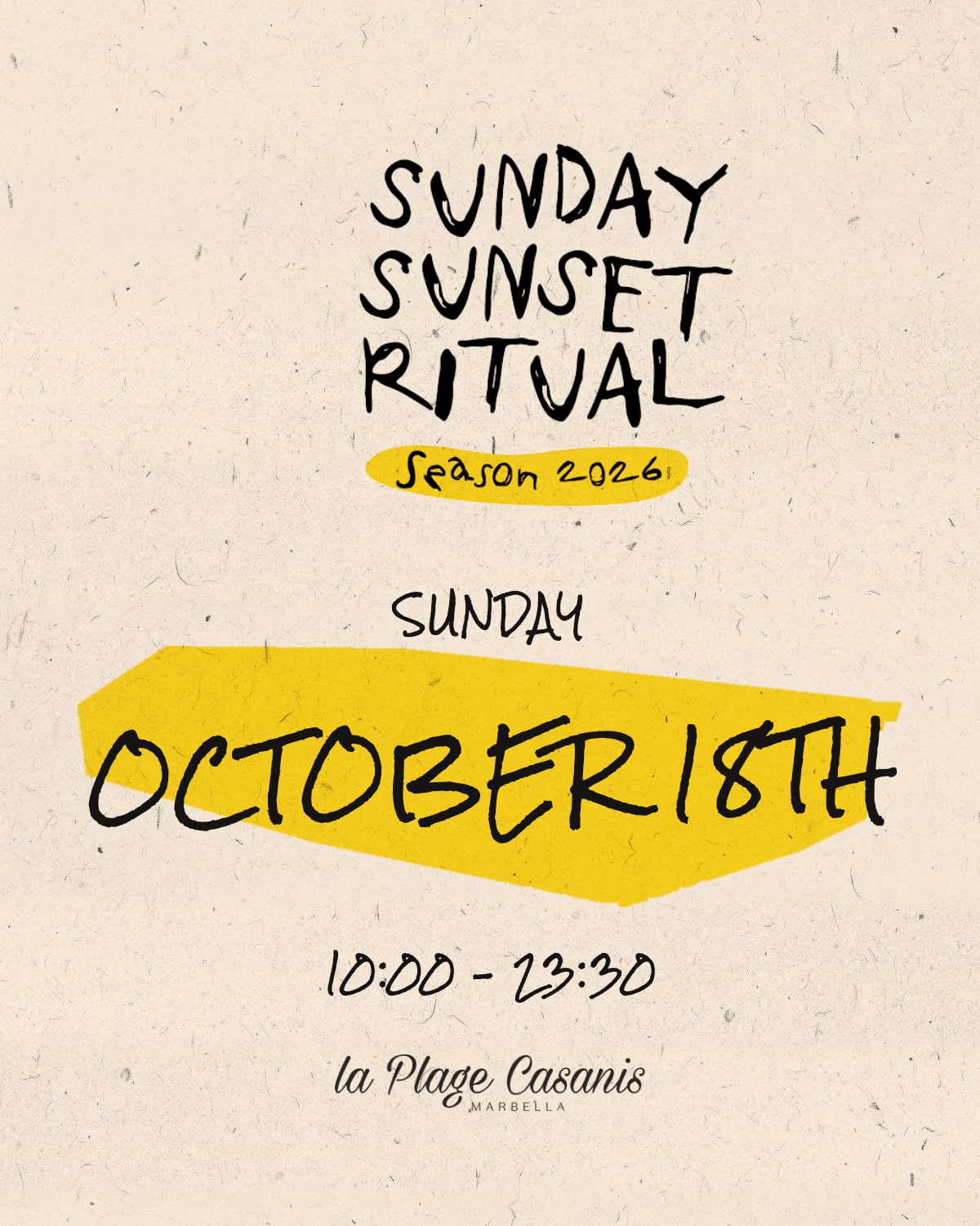 Sunday Sunset Ritual — La Plage Casanis, Marbella, Sunday 18 October 2026, 10:00–23:30