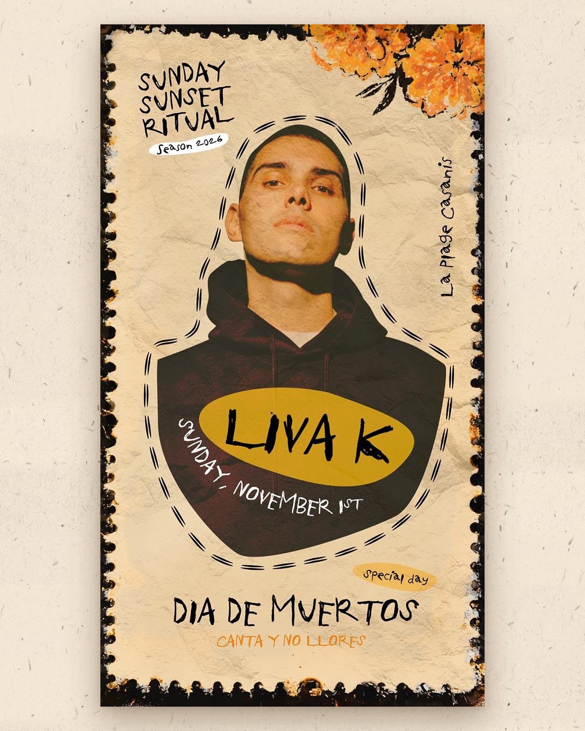 Sunday Sunset Ritual with LIVA K at La Plage Casanis, Marbella — Sunday 1 November 2026, special day: Día de Muertos