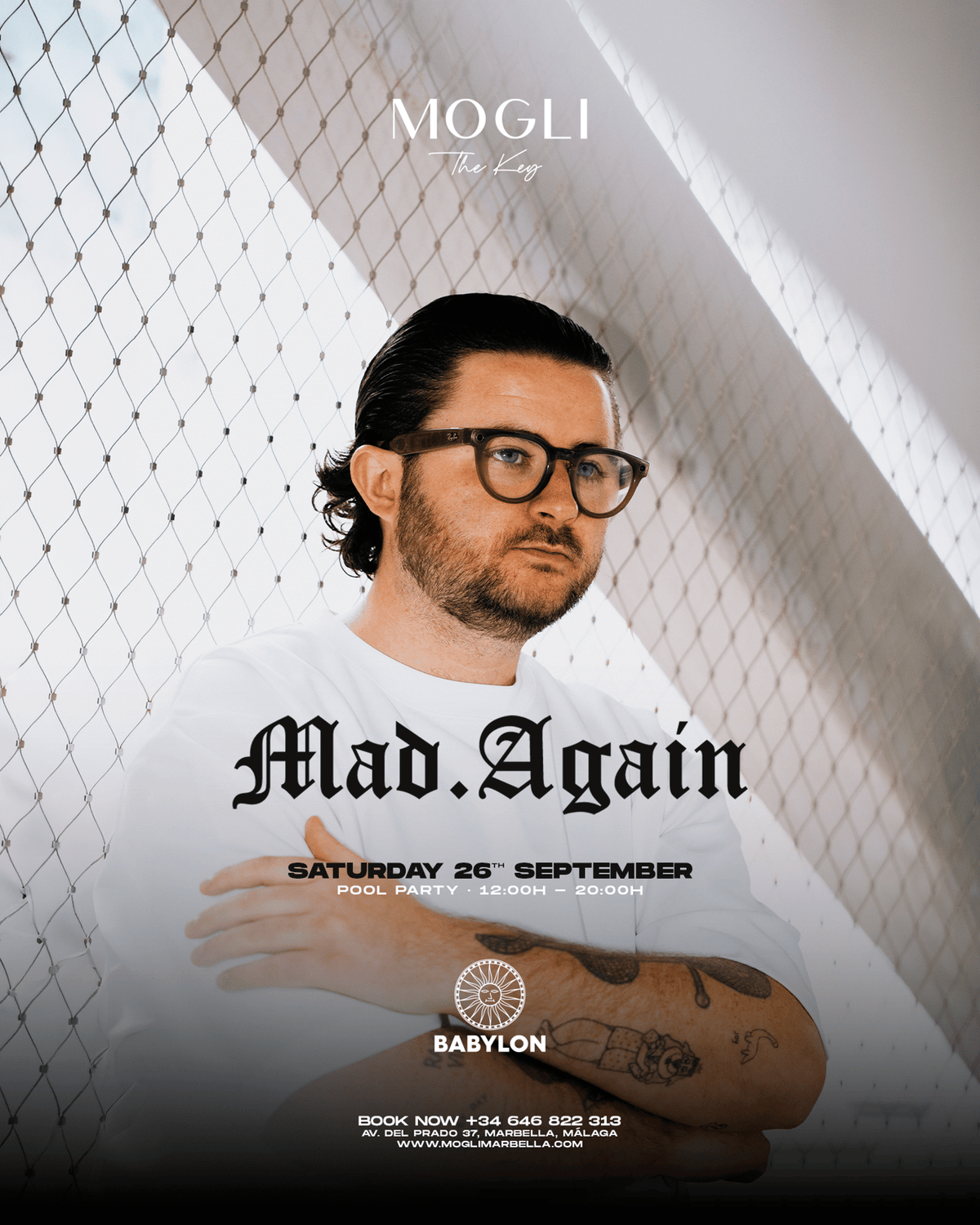 Babylon x Mogli presenting Mad Again — Saturday 26 September 2026 pool party flyer, Mogli The Key Marbella