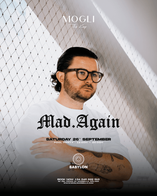 Babylon x Mogli presenting Mad Again — Saturday 26 September 2026 pool party flyer, Mogli The Key Marbella